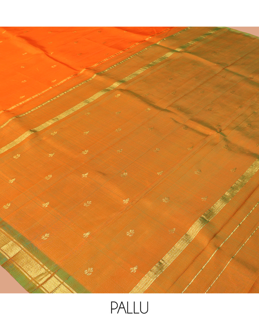 Orange Kanchipuram Silk Saree, Detailed with Zari Buttas, Complemented by a Contrast Border of Banaras and Mayil Kann Design, Pallu of Zari Design, and No Blouse