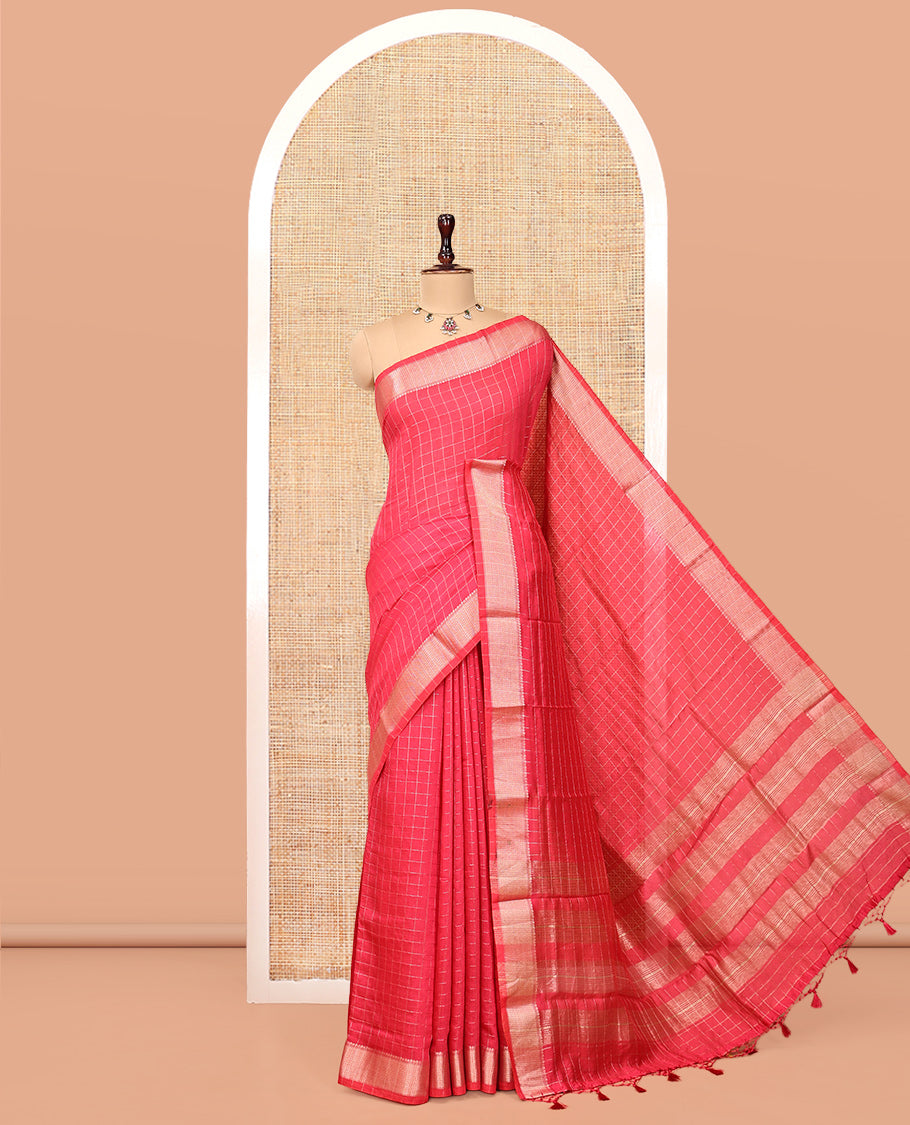 Pink Assam Silk Saree, Lightly Embellished with Zari Checks, Highlighted by a Traditional Zari Border, Striped Pallu, and a Matching Blouse