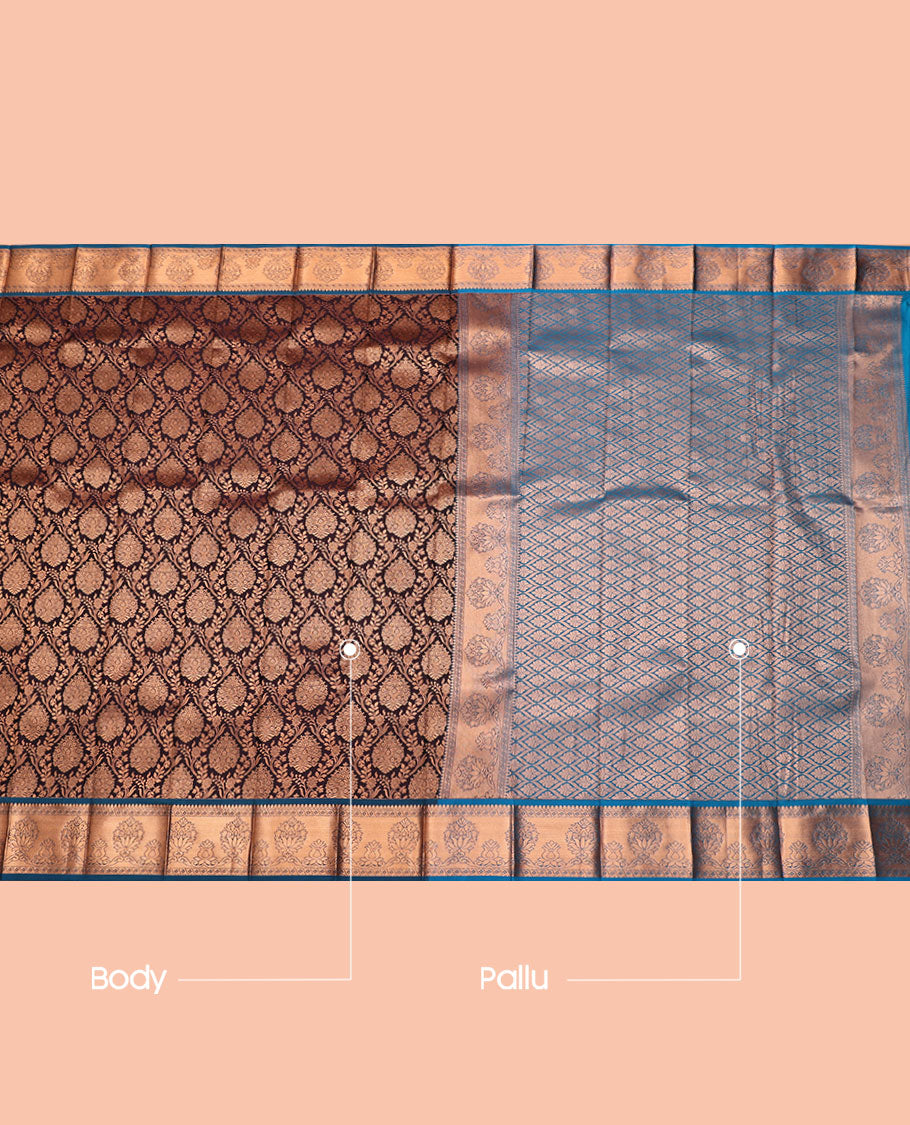 Brown Budget Silk Saree, Masterfully Woven with Jacquard, Complemented by Contrast Traditional Zari Border, Jaal Pallu, and a Contrast Blouse
