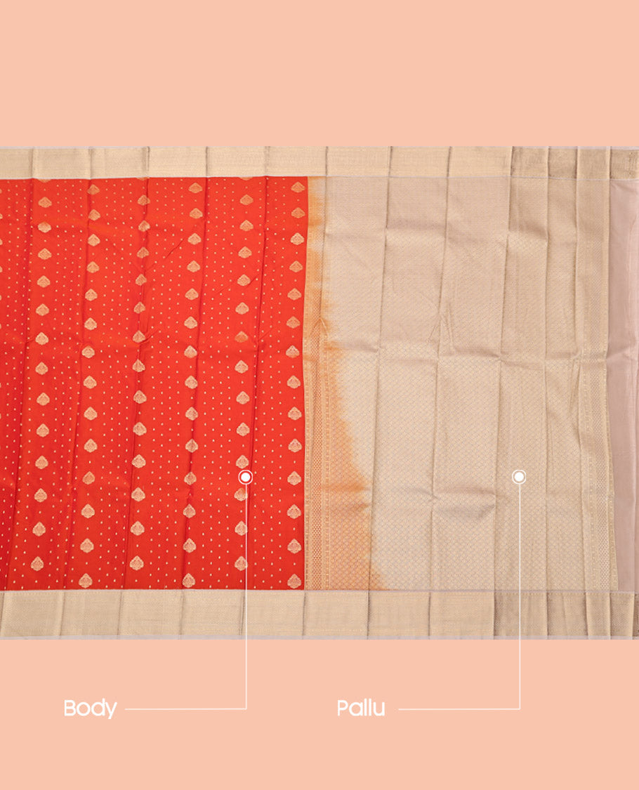 Orange Budget Silk Saree, Mesmerized with Zari Buttas, Complemented by a Contrast Traditional Zari Border, Grand Pallu, and a Contrast Blouse