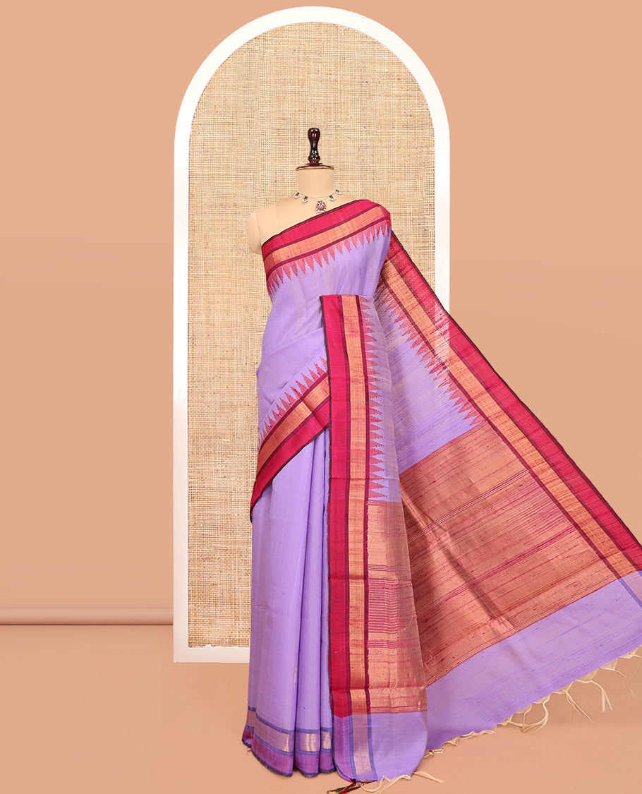 Lavender Dupion Silk Saree, Subtly Woven with Buttas, Complemented by Contrast Zari Border, Temple Pallu, and a Contrast Blouse