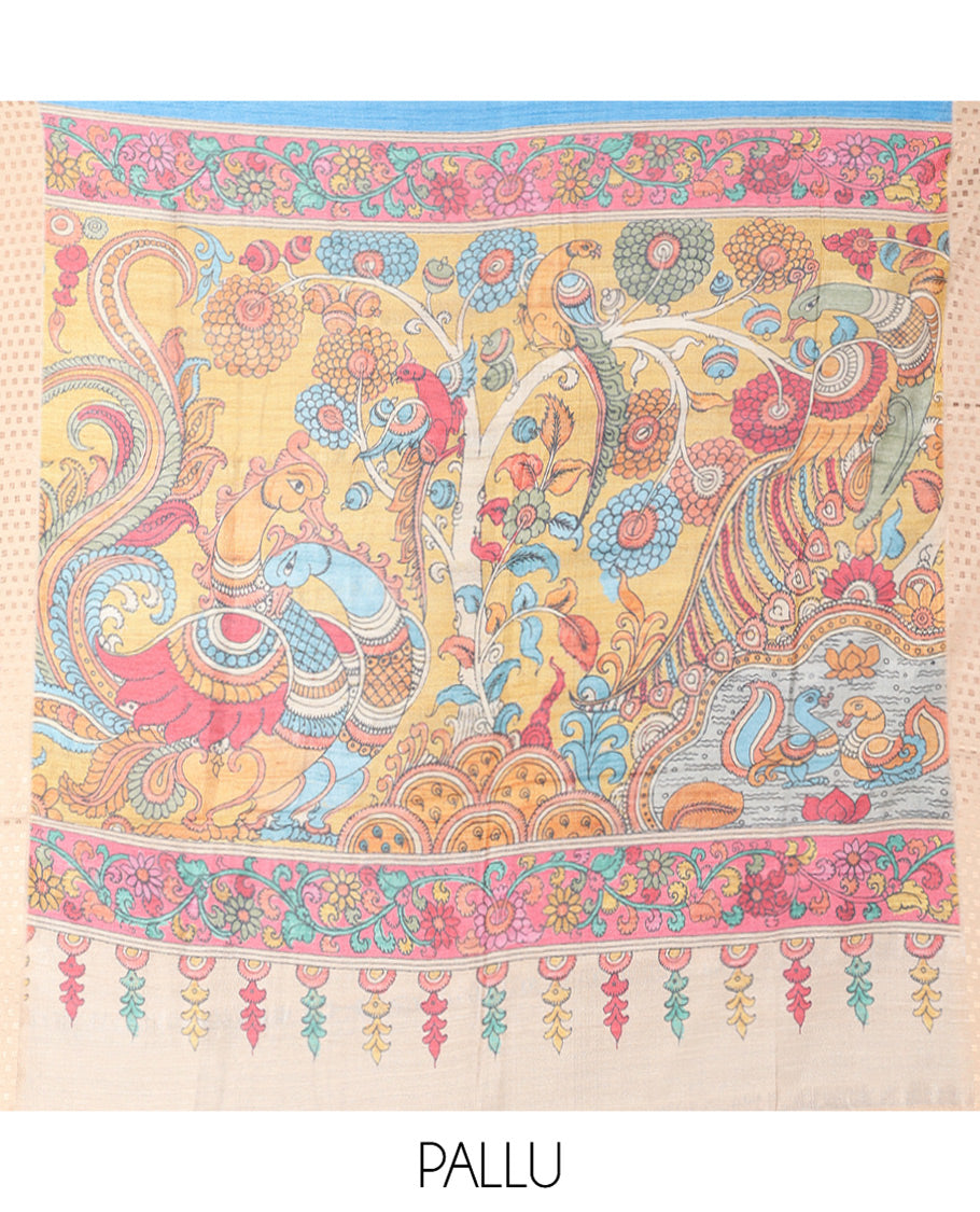 Blue Plain Fancy Tussar Silk Saree, Contrast Triangle Motif Border, Pallu of Kalamkari Peacock Motifs, and Contrast Kalamkari Printed Blouse