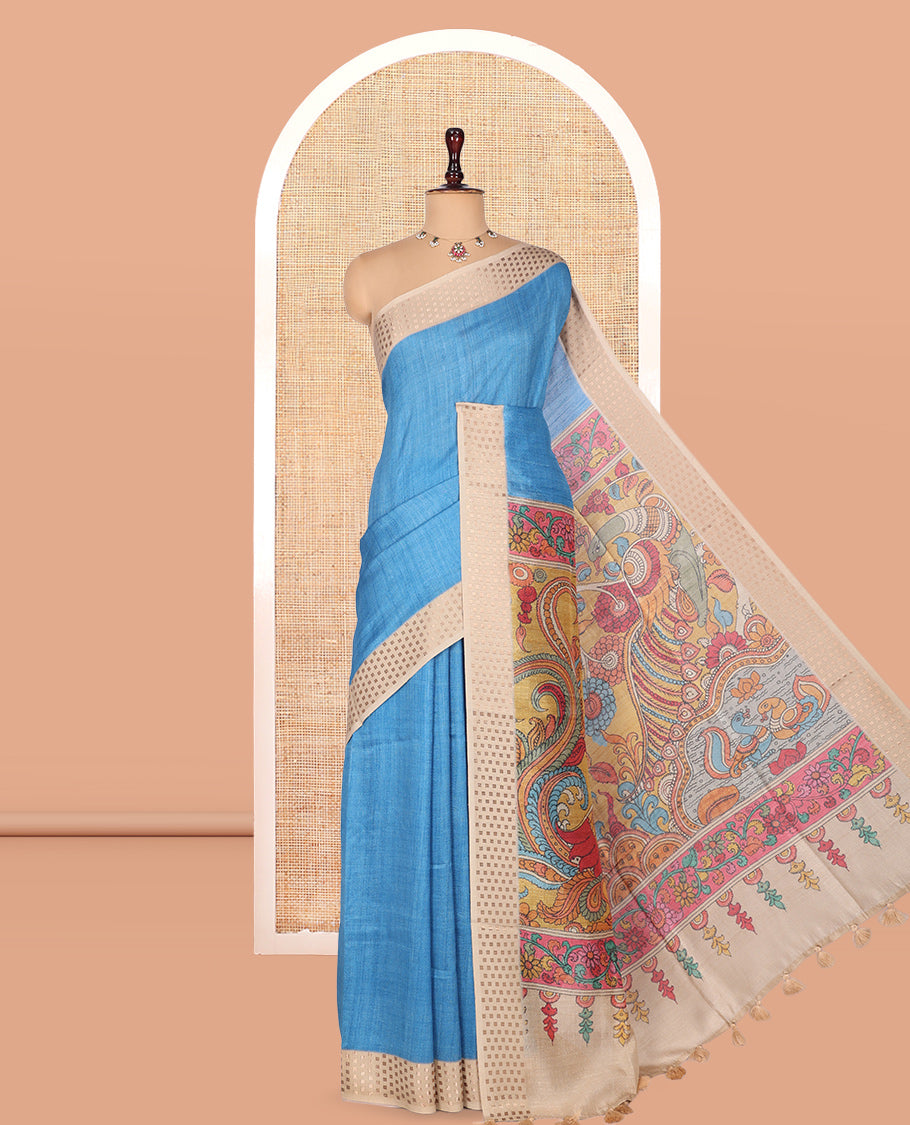Blue Plain Fancy Tussar Silk Saree, Contrast Triangle Motif Border, Pallu of Kalamkari Peacock Motifs, and Contrast Kalamkari Printed Blouse