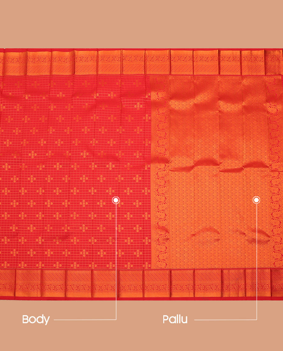 Red Budget Silk Saree, Detailed with Butta Enclosed Checks All Over Its Body, Highlighted by Traditional Design Border, Grand Pallu, and Paired with a Matching Blouse