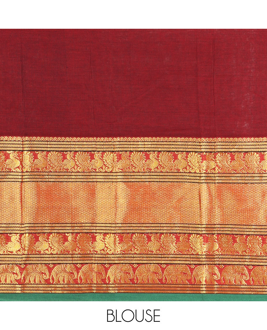 Maroon Plain Mercerised Cotton Saree, Complemented by a Contrast Traditional Border of Peacock, Elephant, and Peacock Eye Designs, Striped Pallu, and Paired with a Matching Blouse