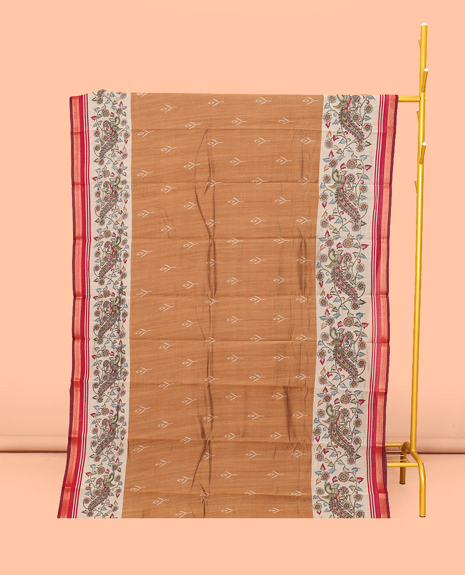 Brown Mul Mul Cotton Saree, Gracefully Embellished with Ikat Buttas, Contrast Kalamkari Floral-Peacock Border, Kalamkari Printed Pallu, and a Contrast Blouse