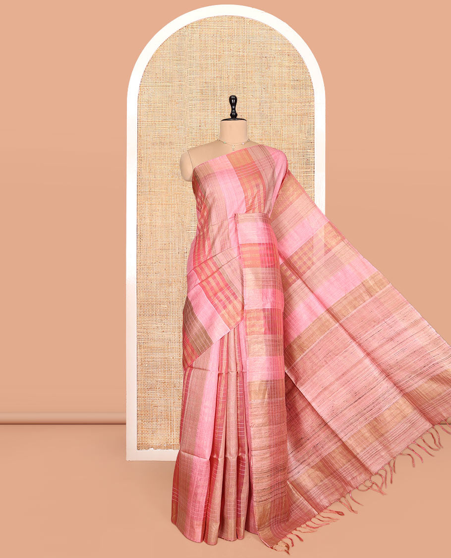 Borderless Pink Checked Tussar Silk Saree, a Self-Printed Pallu, and a Matching Blouse
