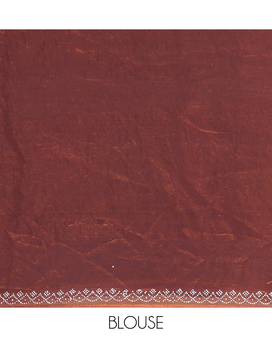 Copper Fendy Chiffon Saree Featuring Elegant Stripes and Buttas Adorned with Sparkling Swarovski Stone Work, Enhanced with a Scalloped Swarovski Stone Work Border, and Paired with a Matching Blouse Embellished with Swarovski Stone Work