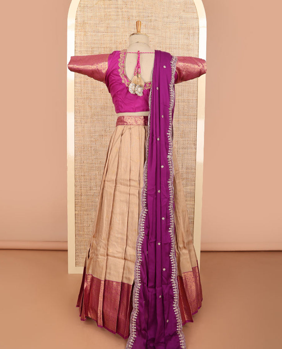 Pale brown floral jacquard half saree with contrast zari design border, floral embroidered blouse & floral embroidery dhavani
