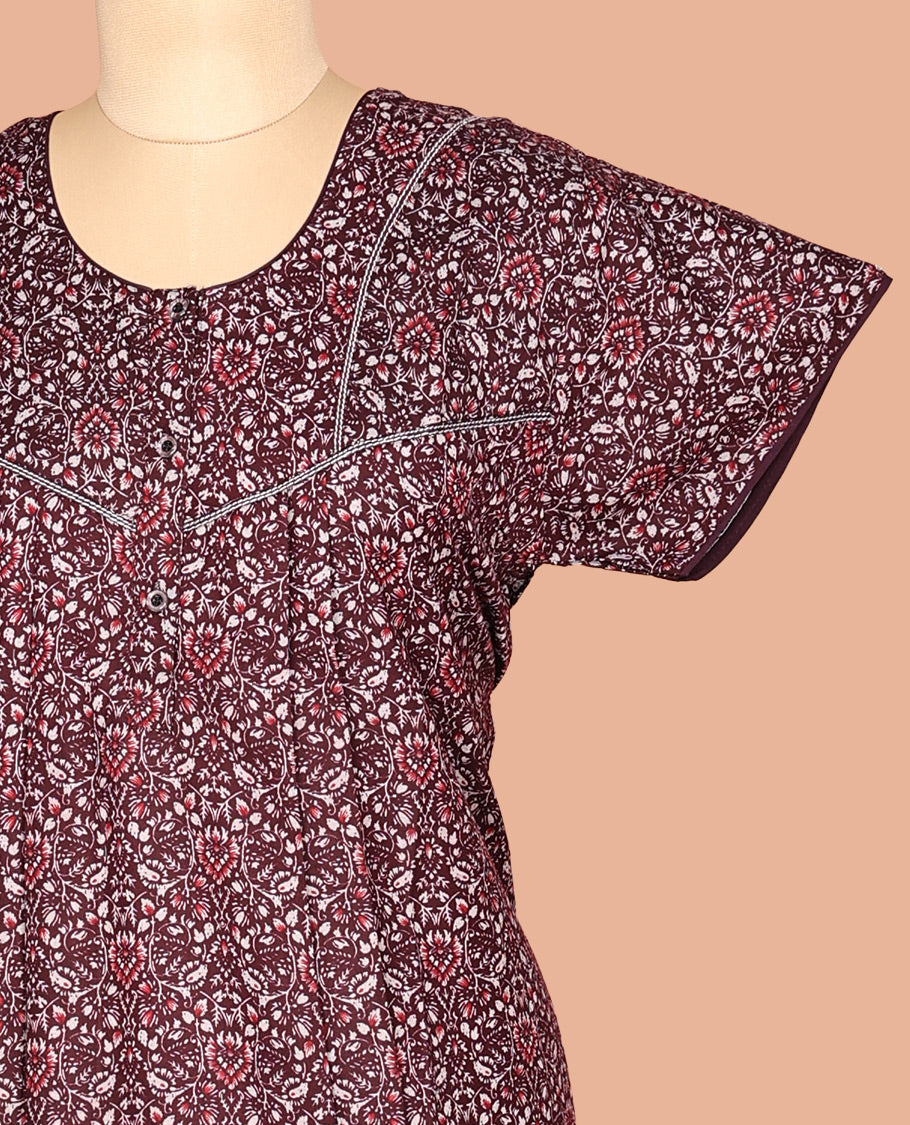 Maroon Floral Print Cotton-Blended Nighty