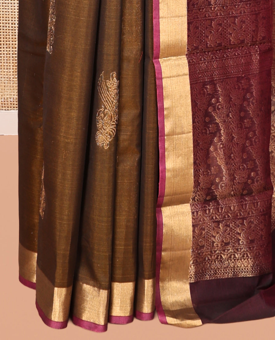 Brown Zari Butta Silk Cotton Saree