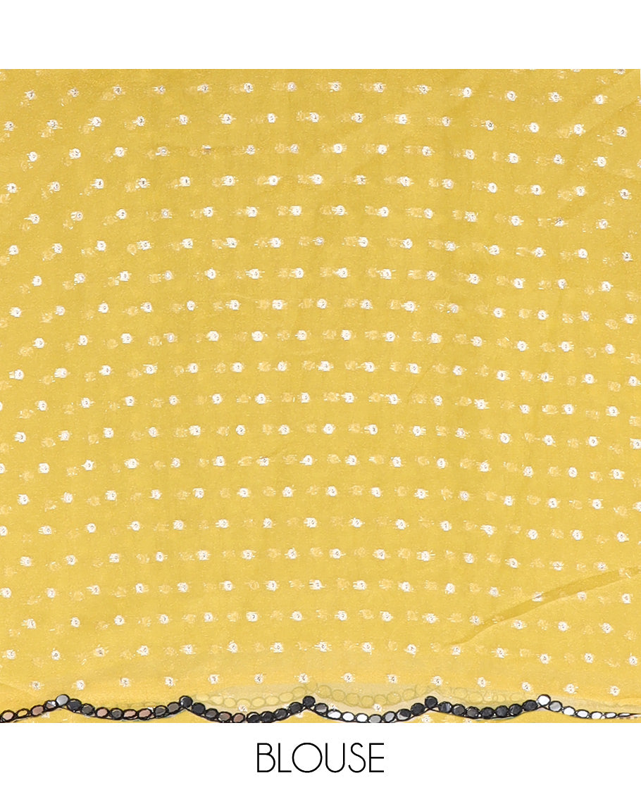 Yellow Shimmer Chiffon Saree, Steeped with Buttas, a Scallop Mirror Work Border, and a Matching Blouse