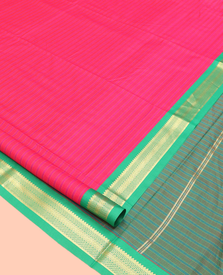 Pink Striped Nine Yard Cotton Saree, Complemented by Contrast Traditional Zari Border, Pallu of Stripes, and Comes Without a Blouse