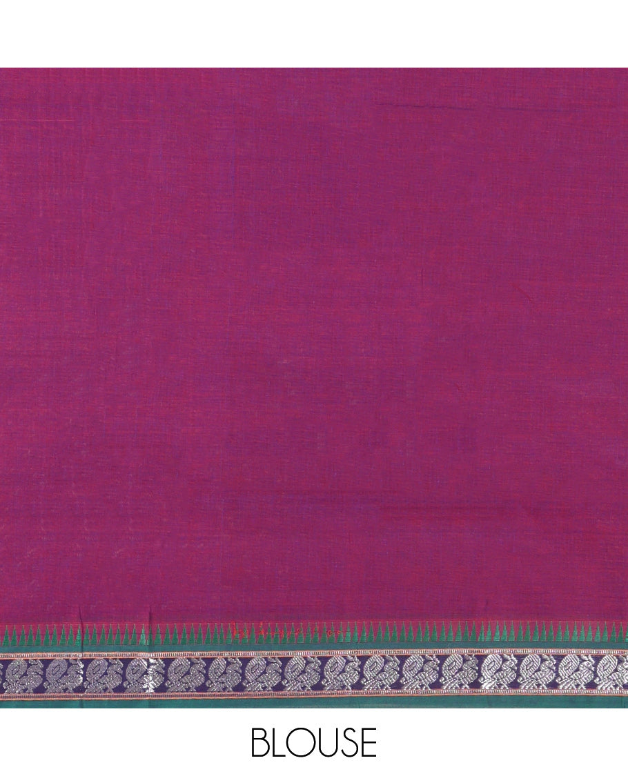 Purple Plain Mercerized Cotton Saree, a Contrast Peacock Temple Thread Border, Striped Pallu, and a Matching Blouse