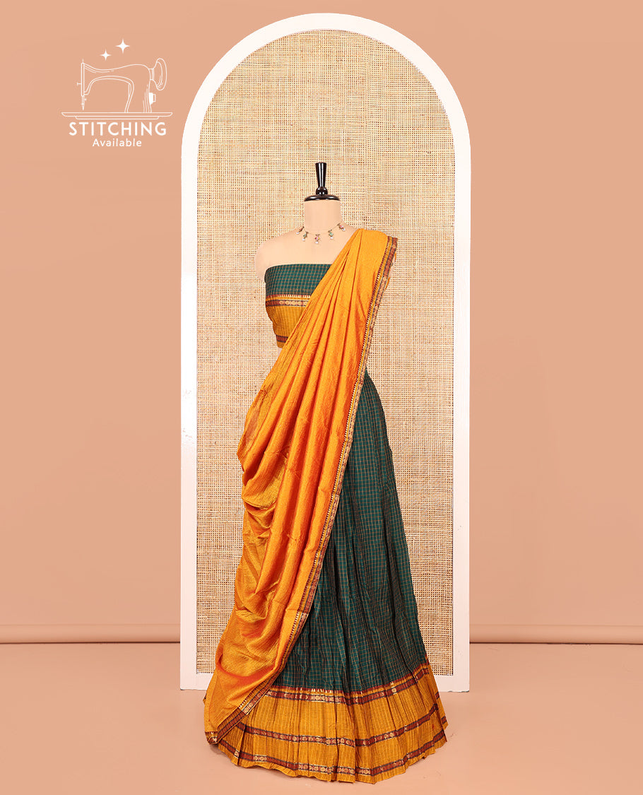 Grey-Red Mercerised Cotton Saree Features a Checked Skirt, Contrast Temple-Rudraksham Rettai Pettu Border, a Matching Blouse, and Contrast Vichitra Silk Dhavani