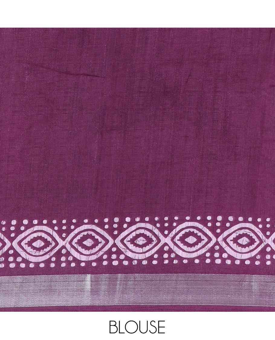 Pink Jute Linen Saree Features Batik Floral Print, Zari Border, Printed Pallu, Contrast Blouse