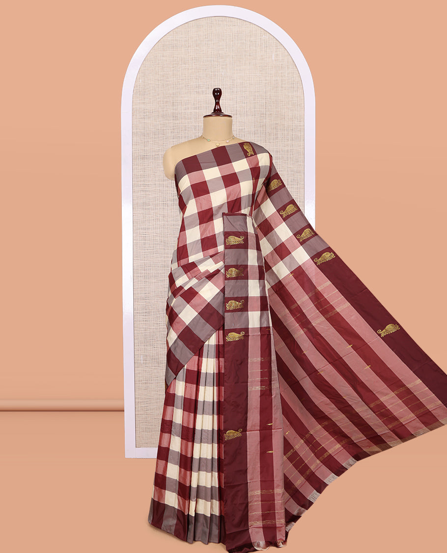 Borderless Multi-Color Checked Arani Saree, Woven with Zari Buttas, a Self-Pallu, and a Matching Blouse
