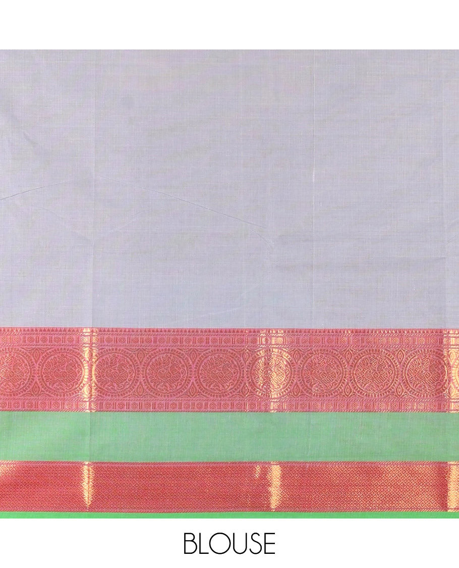 Silver grey plain Chettinad cotton saree, contrast traditional zari rettai pettu border, striped pallu, and a matching blouse