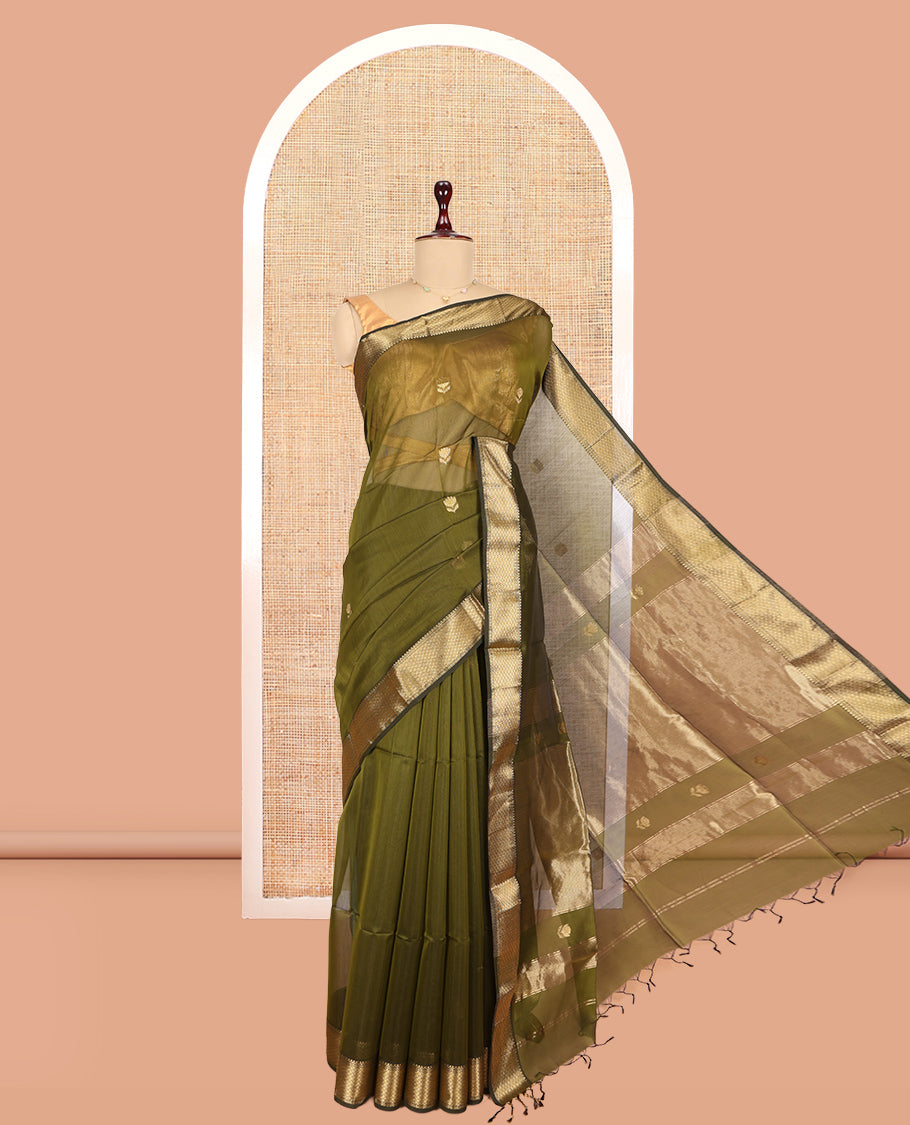 Green Maheshwari Cotton Saree, Detailed with Floral Zari Buttas, a Zari Border, Zari Striped Pallu, and a Matching Blouse