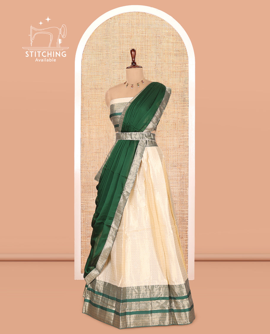 Cream-Green Semi-Silk Half-Saree