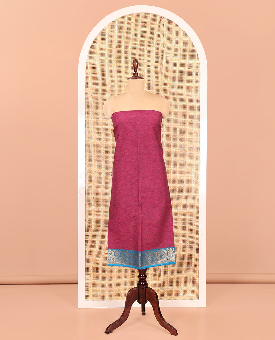 Magenta Handloom Cotton Material Chudidar, Plain and Contrast Traditional Zari-Bordered Top, a Contrast Plain Bottom, and Contrast Dupatta