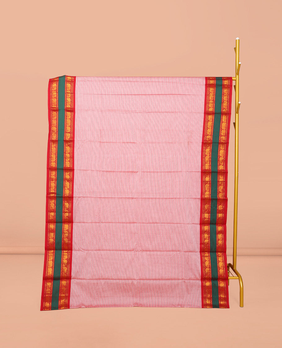 Pink Striped Narayanpet Cotton Saree, Complemented by a Contrast Traditional Design Rettai Pettu Border, Striped Pallu, and Comes Without a Blouse