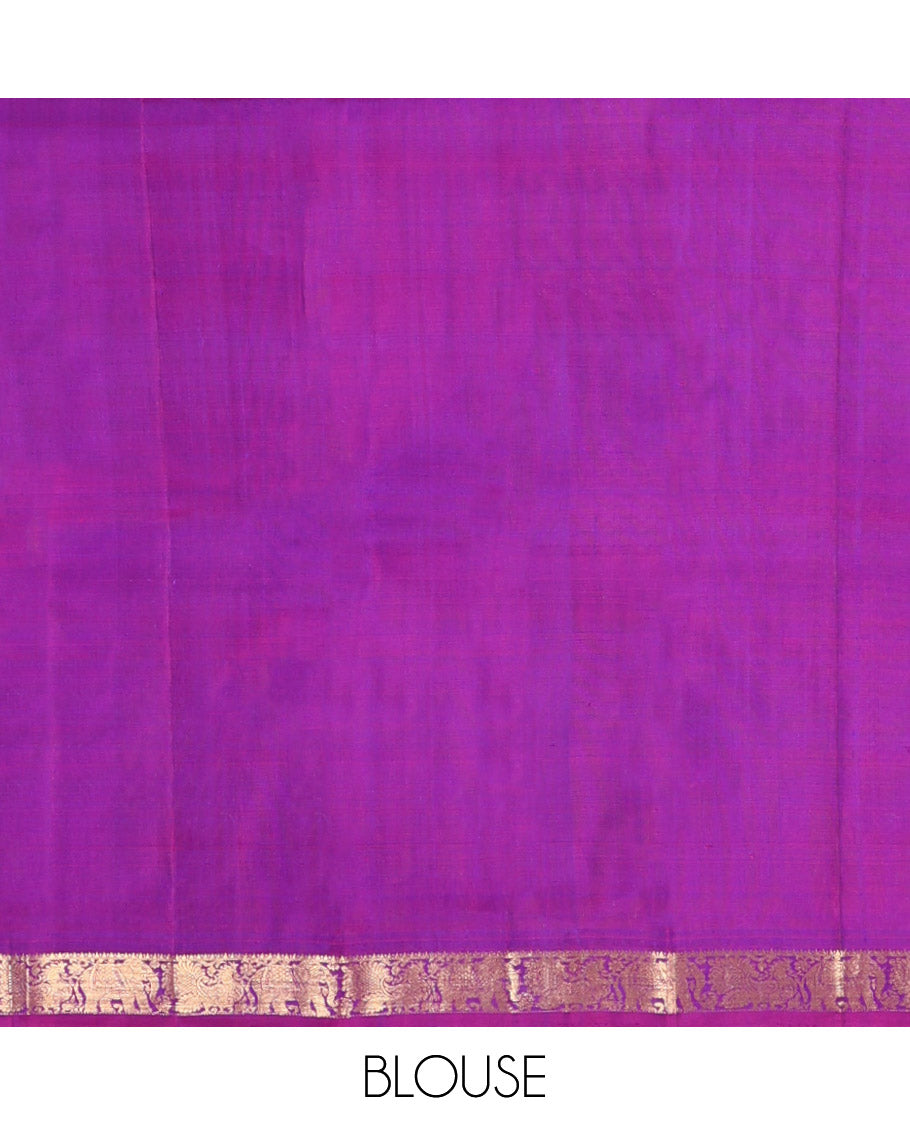 Blue Kanchipuram Silk Saree, Enthralled with Iruthalai Pakshi Buttas All Over Its Body, Complemented by Contrast Border of Rekku, Mayil, and Yaanai Designs, Pallu of Floral Jaal Designs, and Paired with a Contrast Blouse