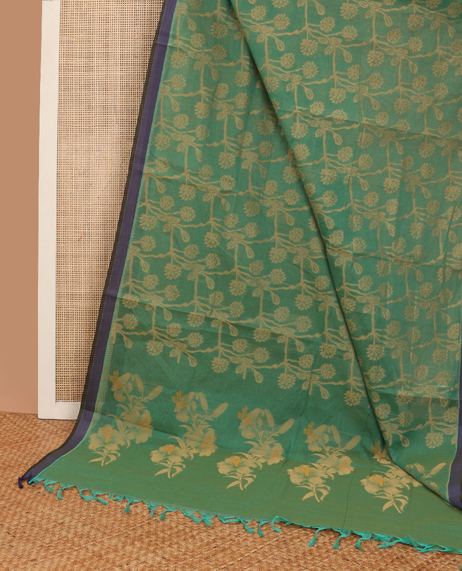 Green all-over floral vine design coimbatore cotton saree with contrast plain border