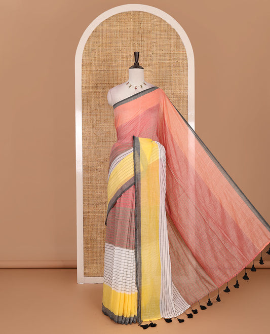 Multi-color striped khadi mul cotton saree, striped border, striped pallu with black tassels and matching blouse