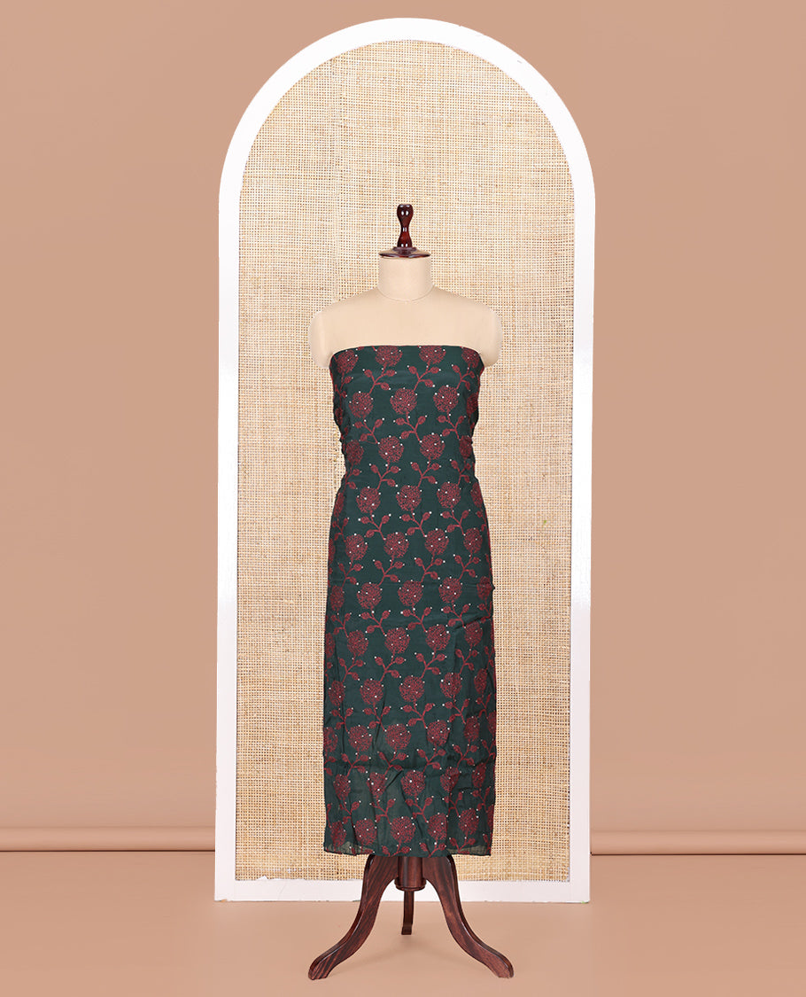 Bottel Green Mul Chanderi Material Churidar Features Floral Vine Embroidery Top, a Plain Bottom, and a Embroidered Dupatta