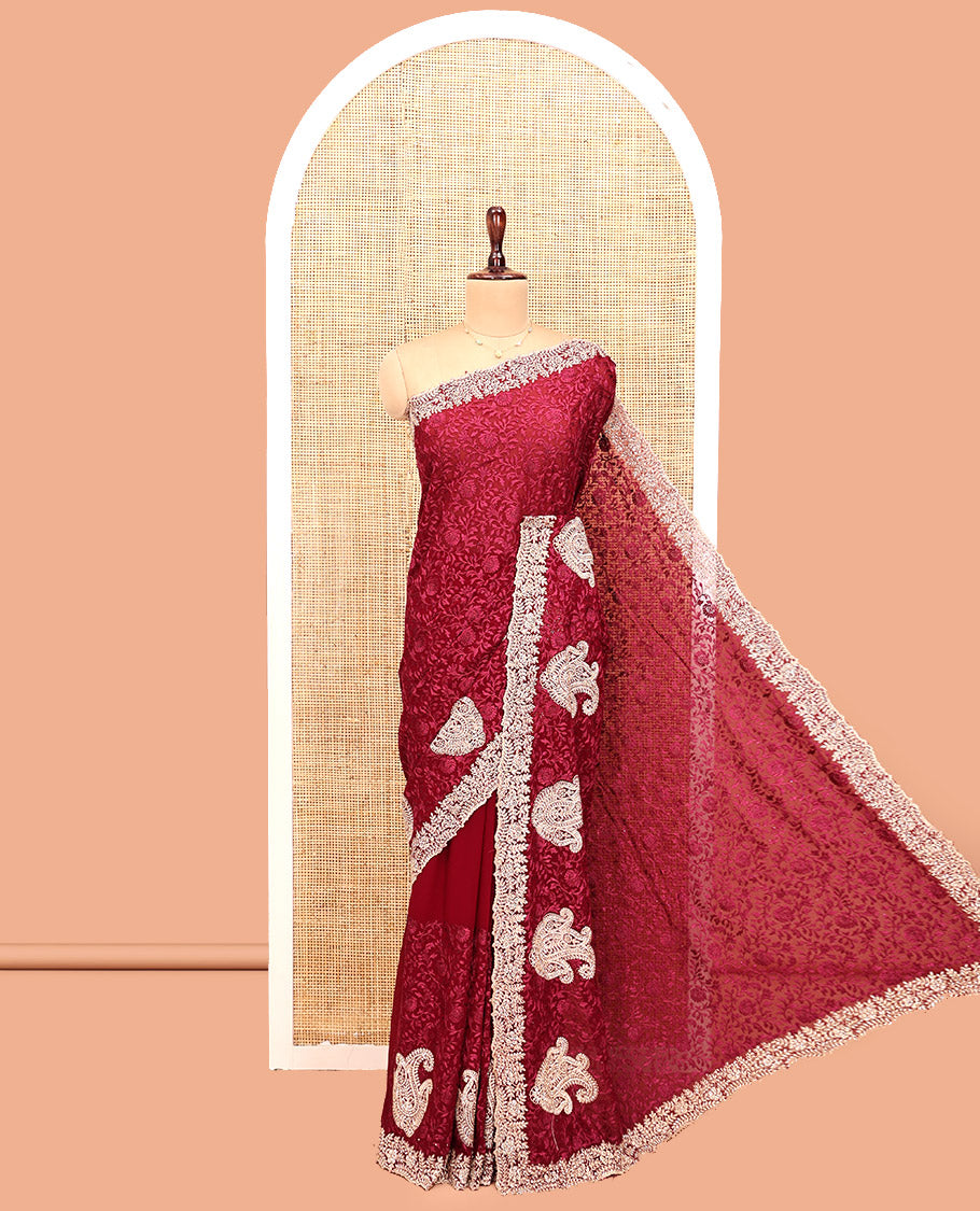 Red Designer Saree, Enthralled with Floral Vine Embroidery, a Scallop Embroidered Border, and a Matching Blouse