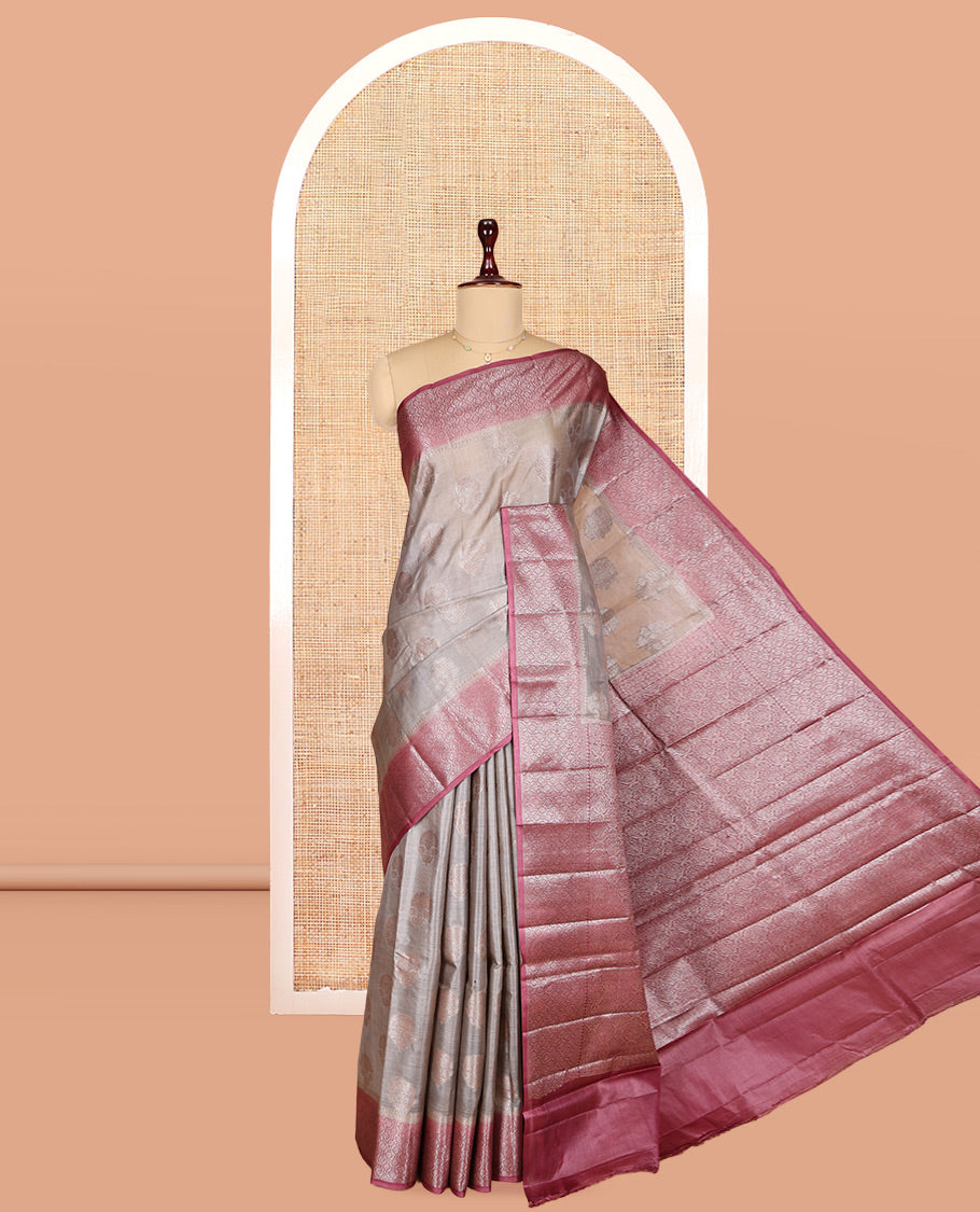 Grey Tusser Silk Saree, Woven with Zari Buttas, a Contrast Zari Border, Grand Pallu, and a Contrast Blouse