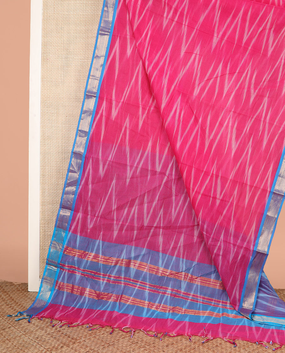 Pink Chevron Striped Mangalagiri Cotton Saree Complemented by Contrast Traditional Zari Design Border, and Pallu Featuring the Same Chevron Striped Design