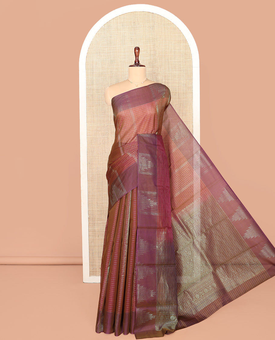Brown Silk Cotton Saree, Adorned with Checks On Its Body, Complemented by Contrast Temple Border, Intricately Designed Pallu and Paired with a Contrast Blouse
