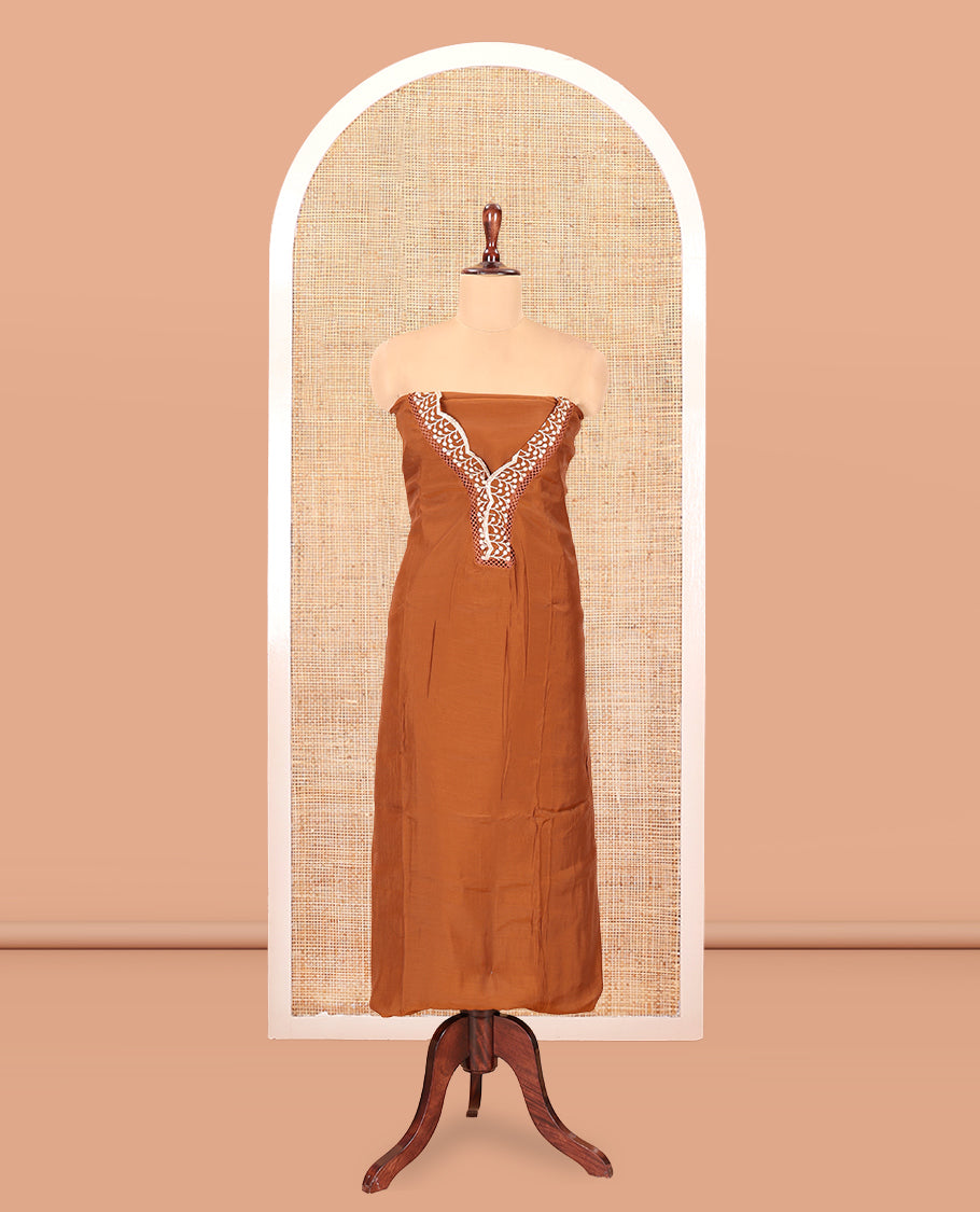 Dusky Brown Mul Chanderi Material Churidar Set, V-Neck Thread Embroidered Top, a Matching Bottom, a Thread Leaf Embroidered Dupatta