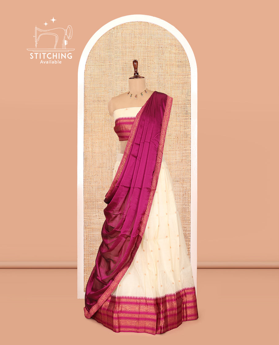 Sandal-Magenta Banaras Kota Half-Saree, Zari Buttas Skirt, Contrast Traditional Border, Matching Blouse, Contrast Dhavani