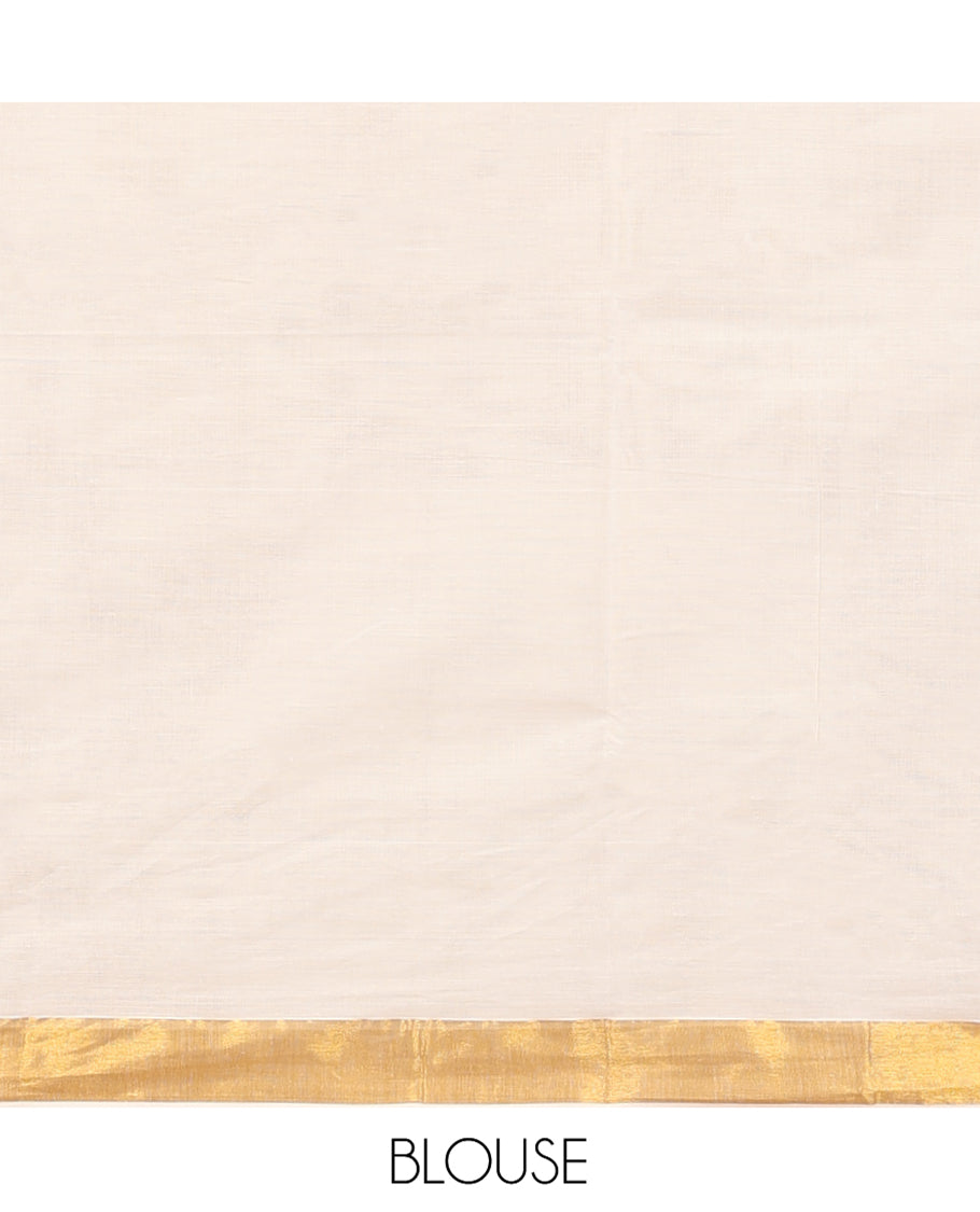 Cream Kerala Cotton Saree, Beautified with Zari Buttas All Over Its Body, a Subtle Bavanji Border, Pallu Features Stripes and Buttas, and Is Paired with a Matching Blouse