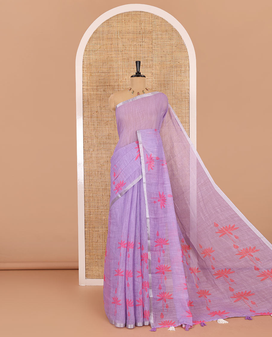 Lavender Pichwai lotus printed linen cotton saree, piping zari border, colorful tasselled lotus printed pallu, and a contrast lotus printed blouse