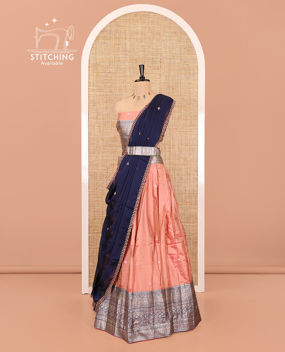 Peach-Blue Banarasi Silk Half-Saree Featuring Buttas Skirt, Contrast Traditional Border, Matching Blouse, Syska Georgette Embroidery Dhavani