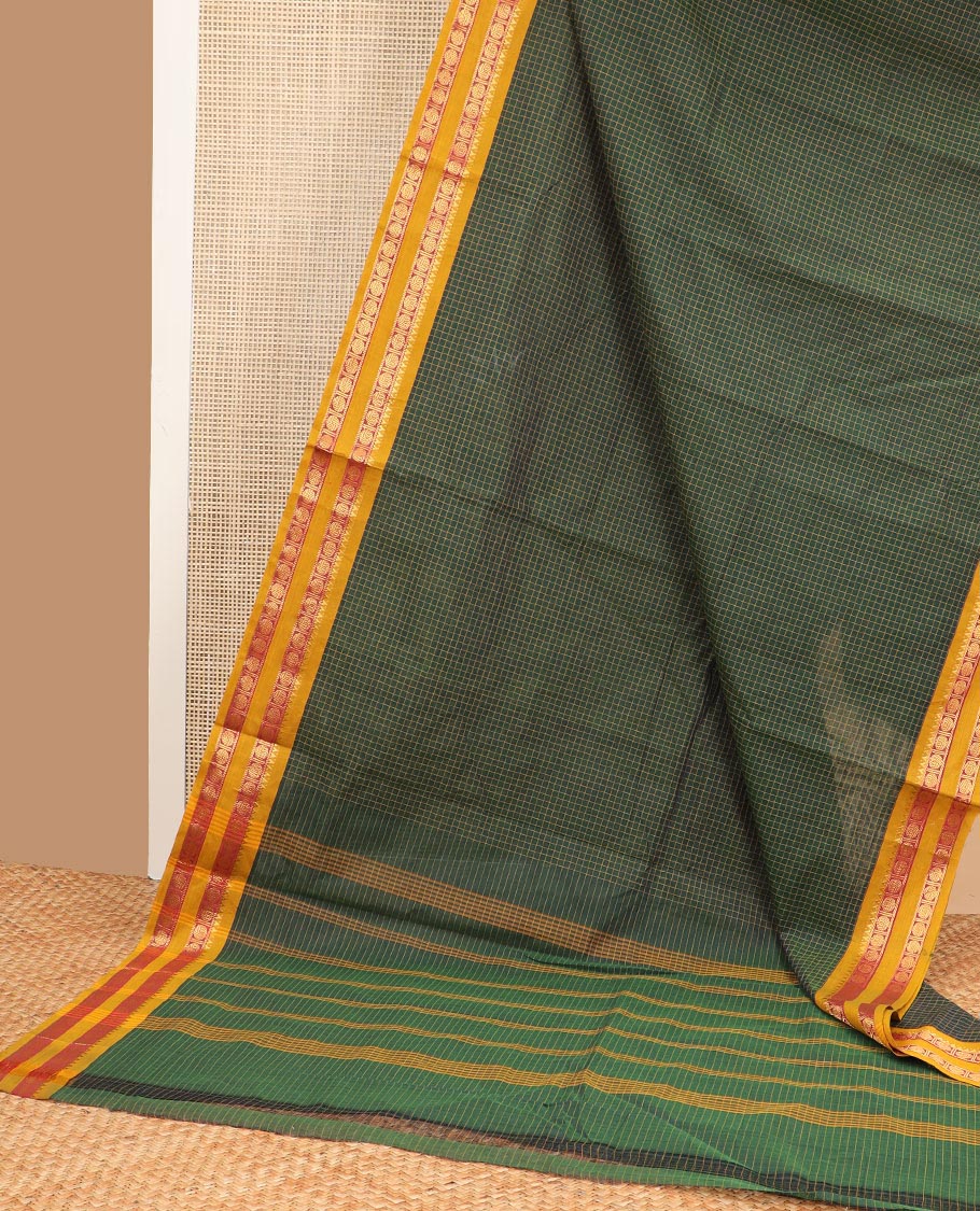 Green checked nine yards cotton saree with traditional zari design border & checked pallu