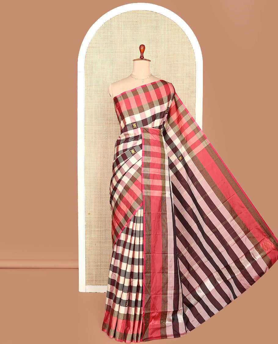 Multi-Color Aarani Silk Saree, Boldly Accentuated with Buttas and Medium-Checked Design All Over Its Body, Complemented by a Contrast Border, Striped Pallu, and Paired with a Matching Blouse