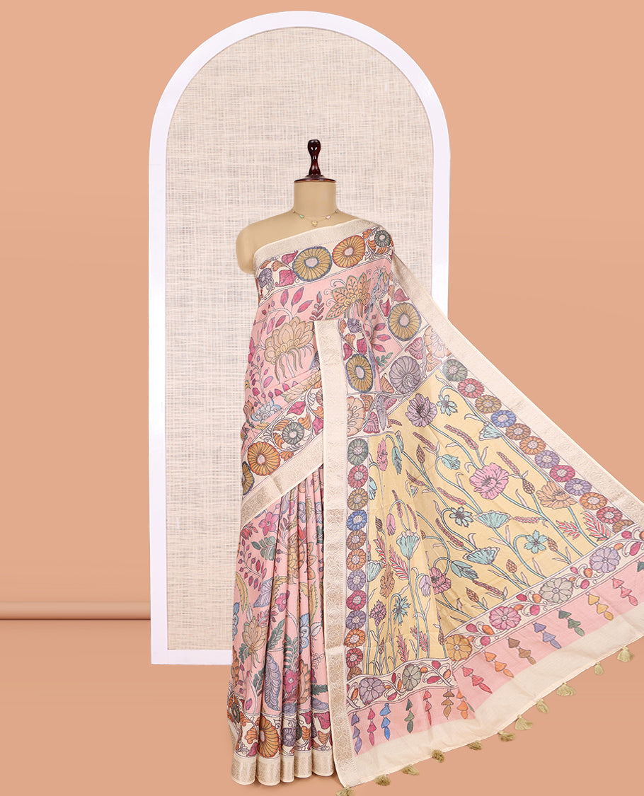 Pale Pink Kalamkari Printed Fancy Tussar Saree