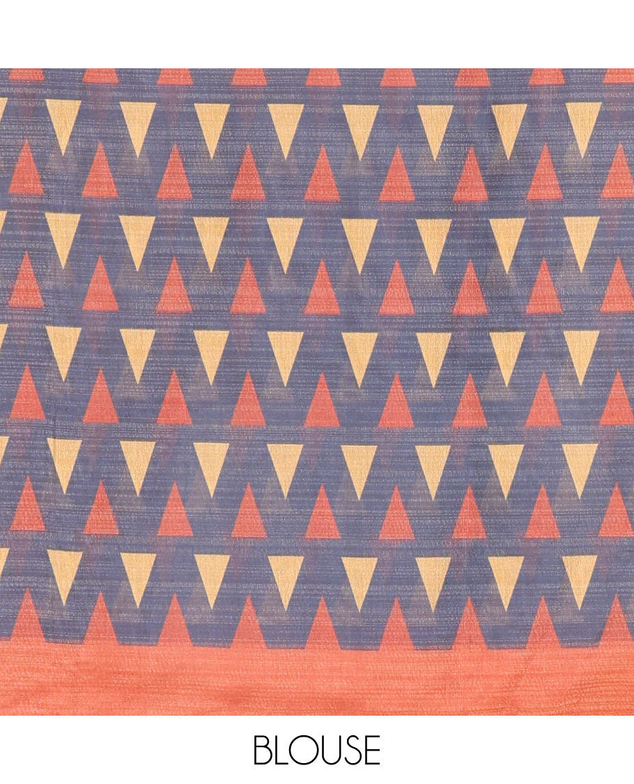 Gold Tissue Saree, Decked Up with Colorful Triangle Motifs Printed on Its Body, Complemented by a Contrast Border, Pallu Steeped with Triangle Motifs Print, and Paired with a Contrast Printed Blouse
