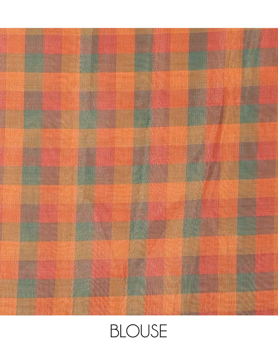 Gold Plain Tissue Saree, Contrast Multi-Color Checked Border, and a Contrast Blouse