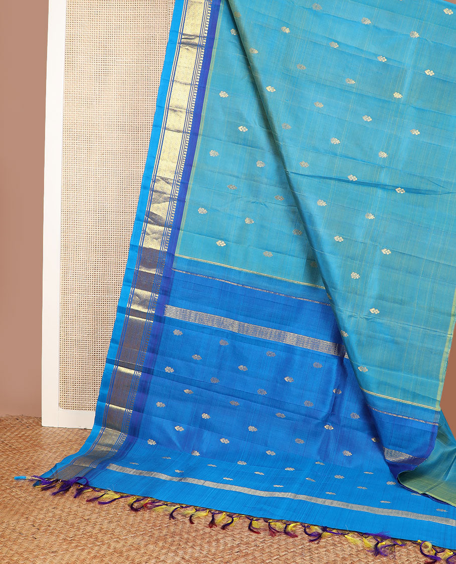 Blue zari buttas kanchipuram silk saree, contrast one-sided border of paneer sombu,banaras & jaal design & zari design pallu