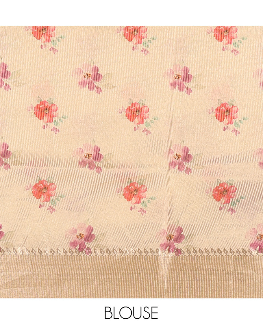 Gold Tissue Saree, Elevated with Hibiscus Motifs Printed on Its Body, Subtle Zari Printed Border, Pallu Pictures Hibiscus Motifs Print, and Paired with a Matching Blouse