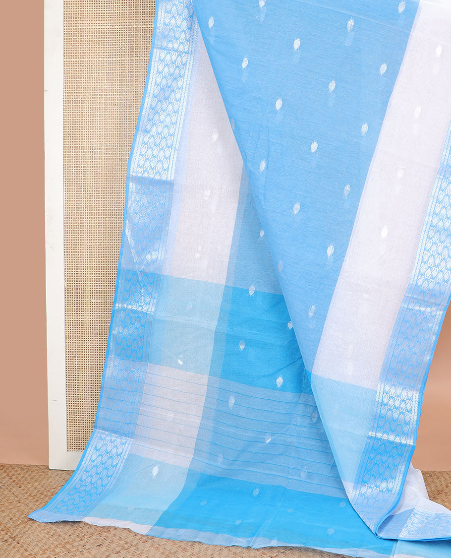White with blue motifs bengal cotton saree with contrast zari design border