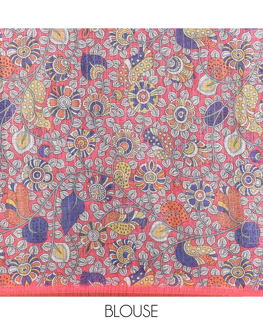 Black and Rani Pink Linen Cotton Saree, Elevated with Floral Motifs and Checked Design on Its Body, Complemented by a Contrast Border, Pallu of Kalamkari Floral and Peacock Design, and Paired with a Contrast Blouse