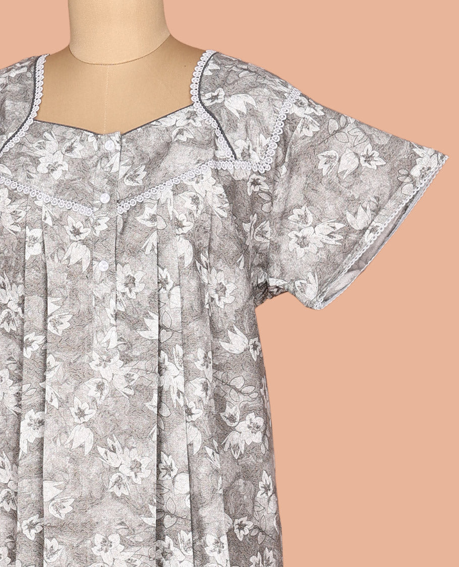 Light Grey Floral Cotton-Blended Nighty