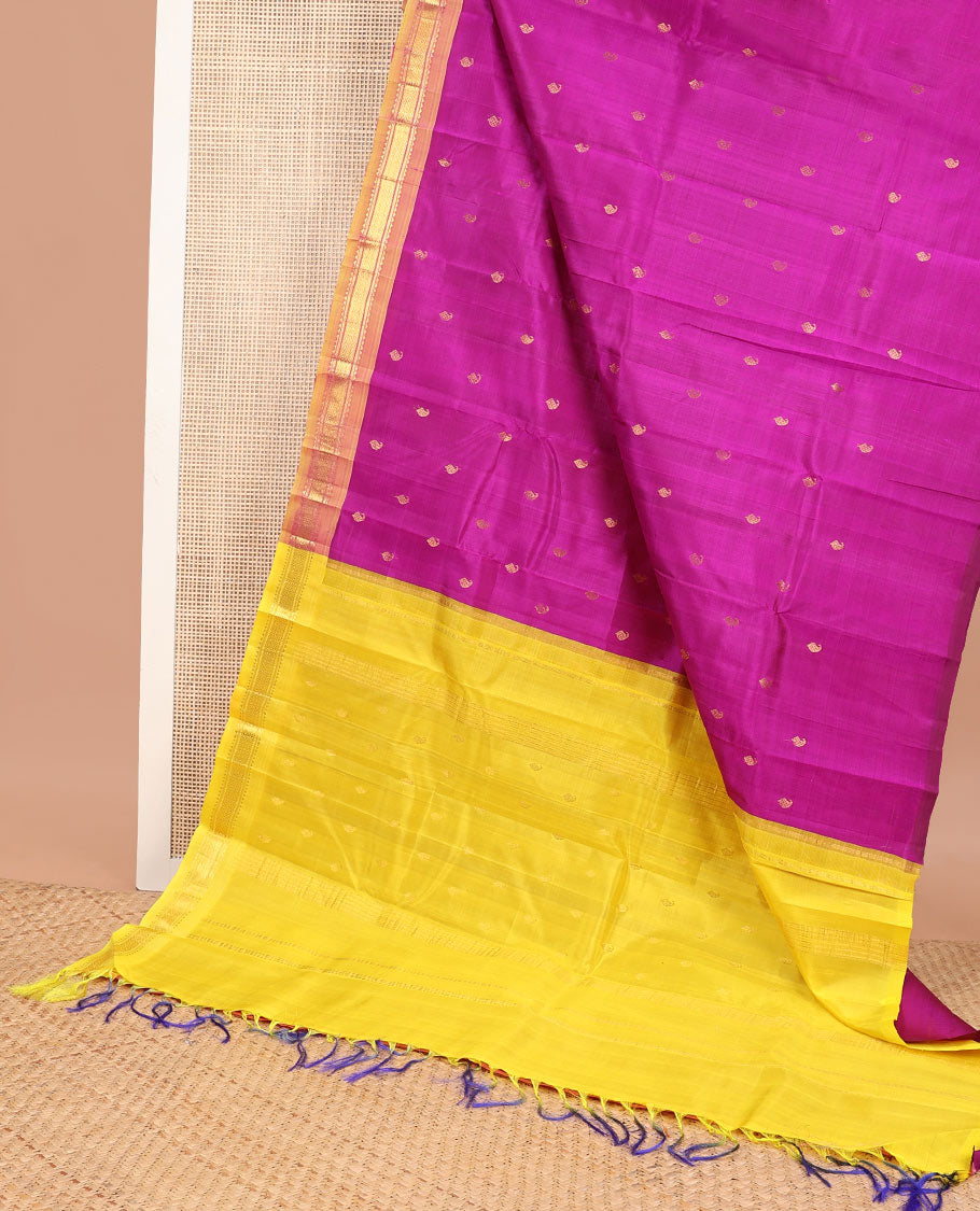 Pink paisley design kancheepuram silk saree with contrast rekku, banaras, checked design & floral design pallu